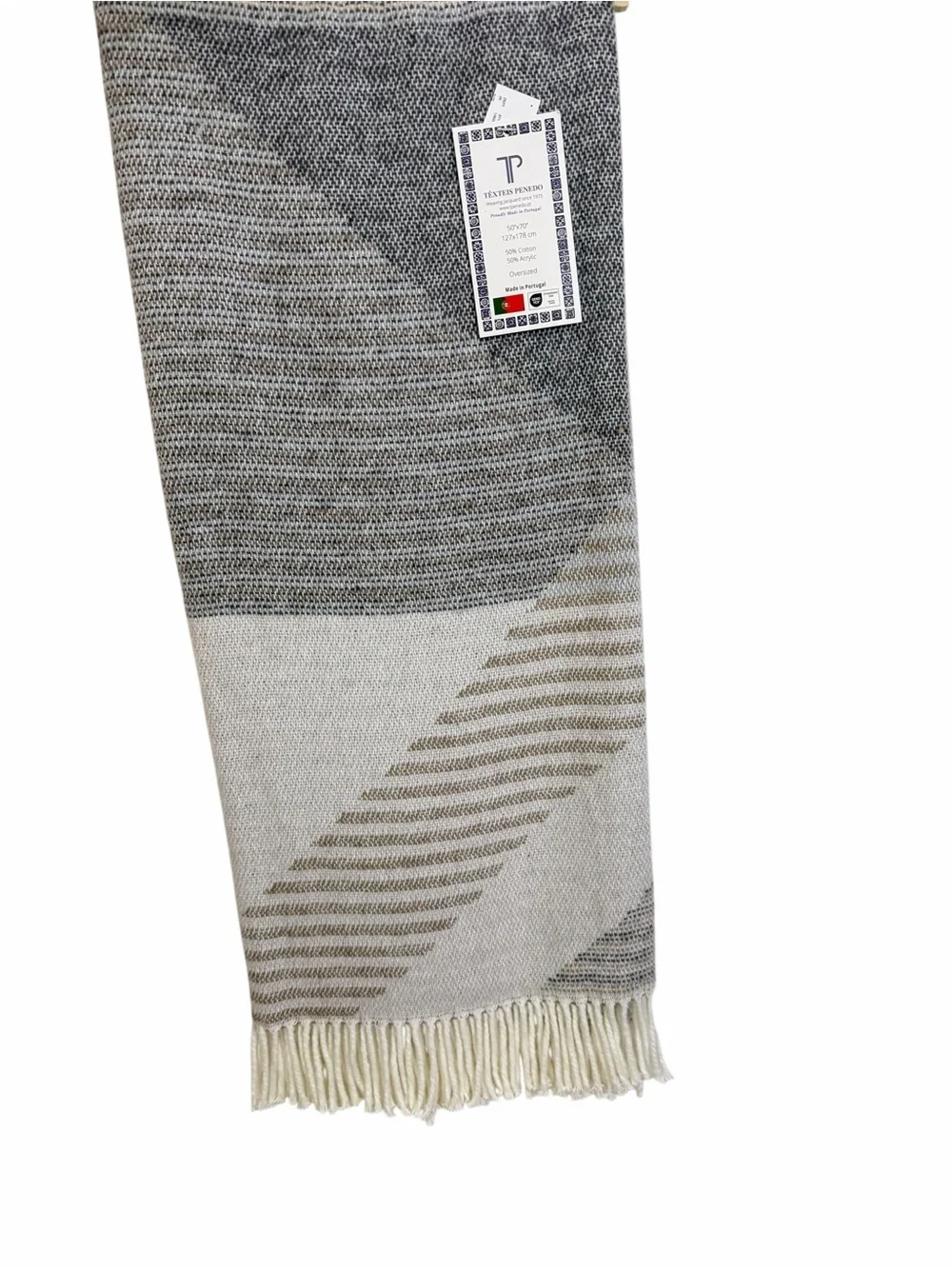 TEXTEIS PENEDO Oversized Throw Blanket Beige Gray Striped Portugal 50